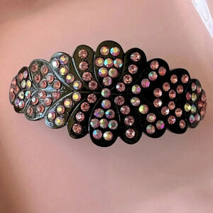 Rose Pink and Pink Aurora Borealis Crystal set in Black Hematite Hair Barrette